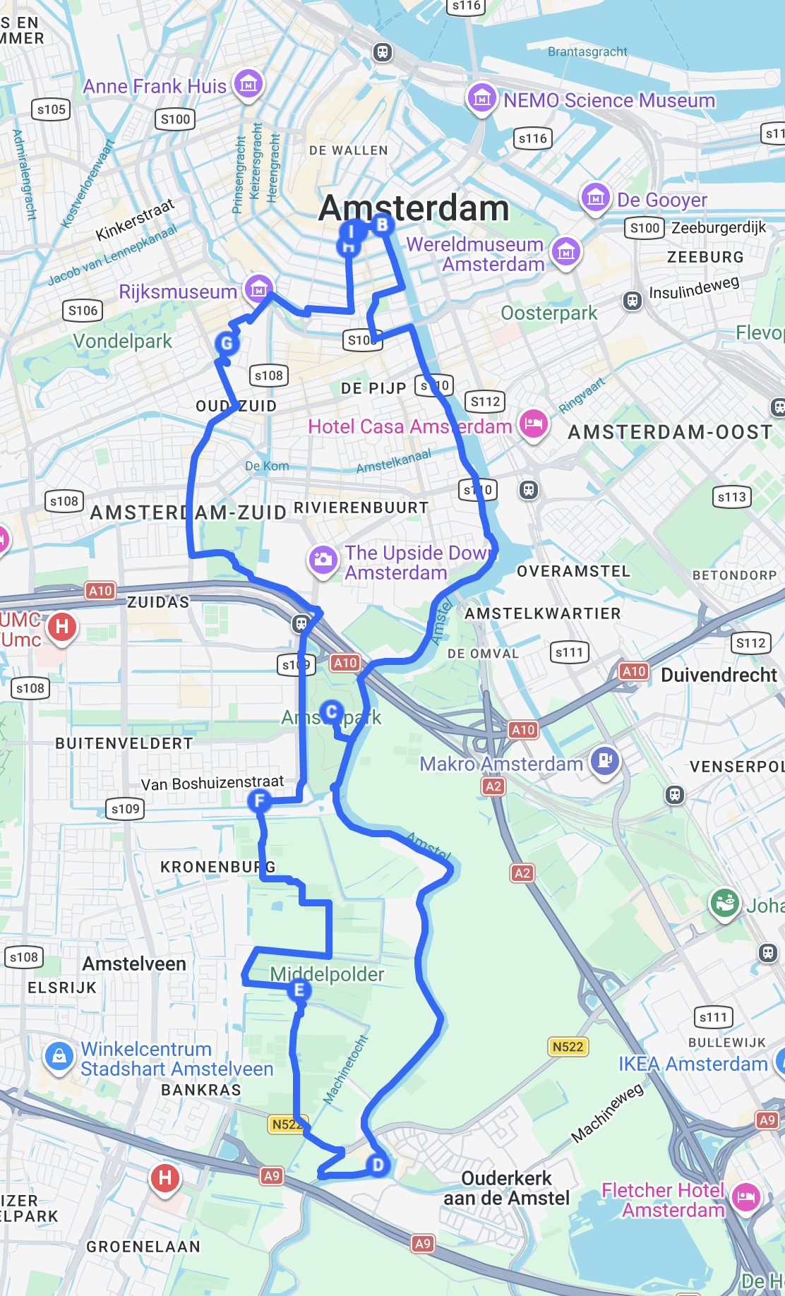 Rute — Amsterdam på cykel. Tur 1: mylder og ro, by, flod, polders og kanaler - ca. 22 km